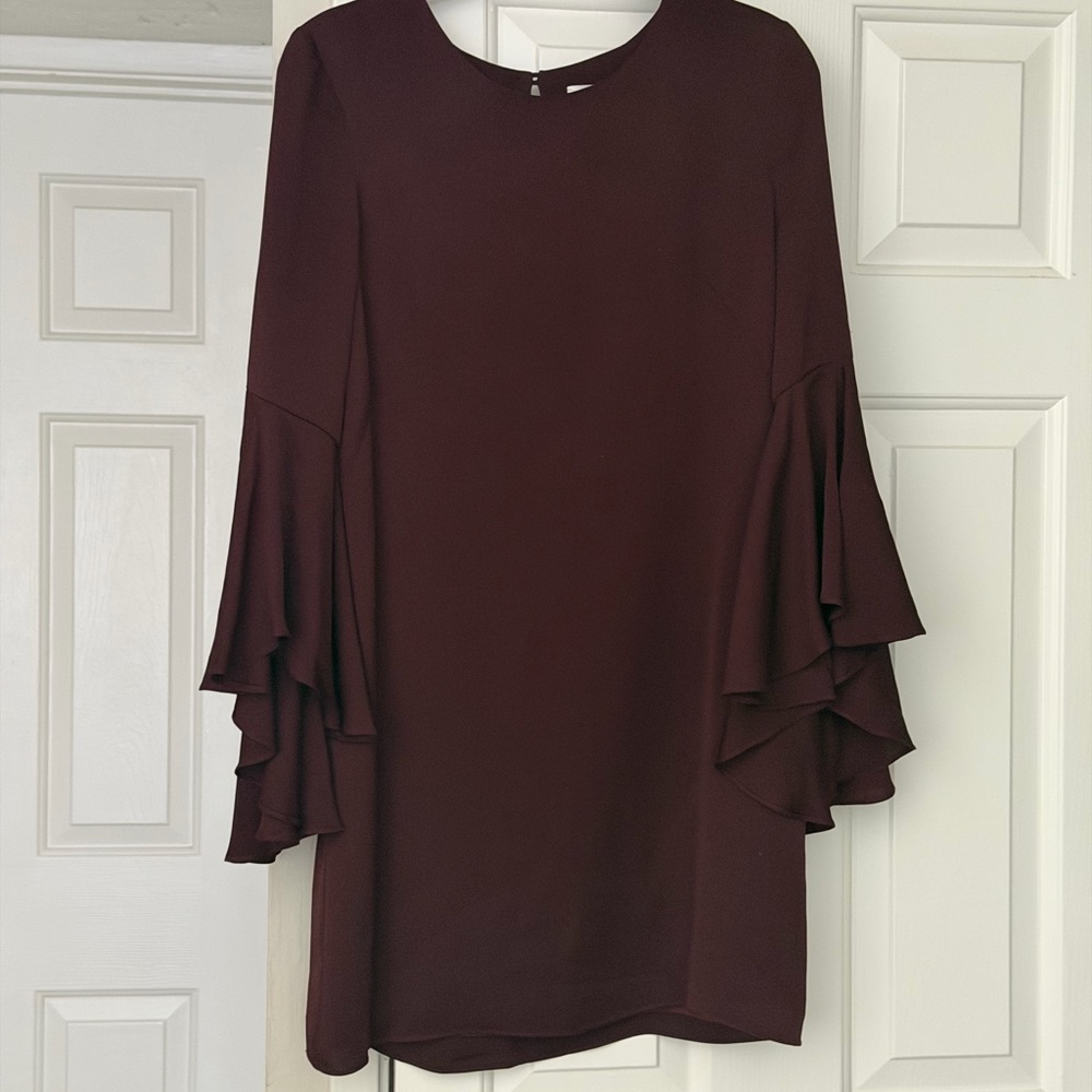 MILLY Silk Dress Ruffle Bell Sleeve Shift Dress Size 4 Plum Purple Mini Cocktail - Picture 6 of 10